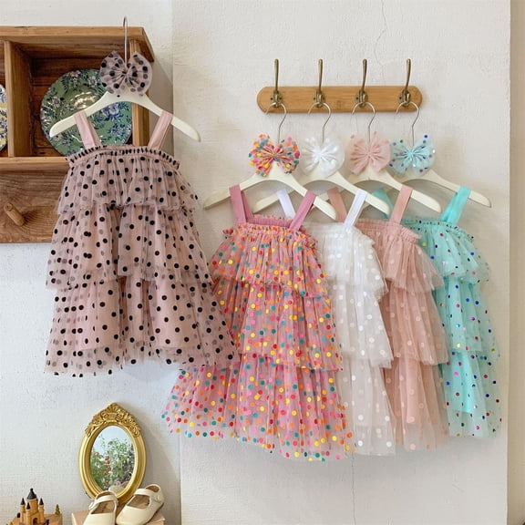 Jinhomg Cute Tulle Dress for Girl 2025 Fashion Polka Dot Layered Dress Casual Comfy Spaghetti Straps Midi Tutu Dresses Mesh Puffy Dress Holiday Saving Mint Green 2 Years