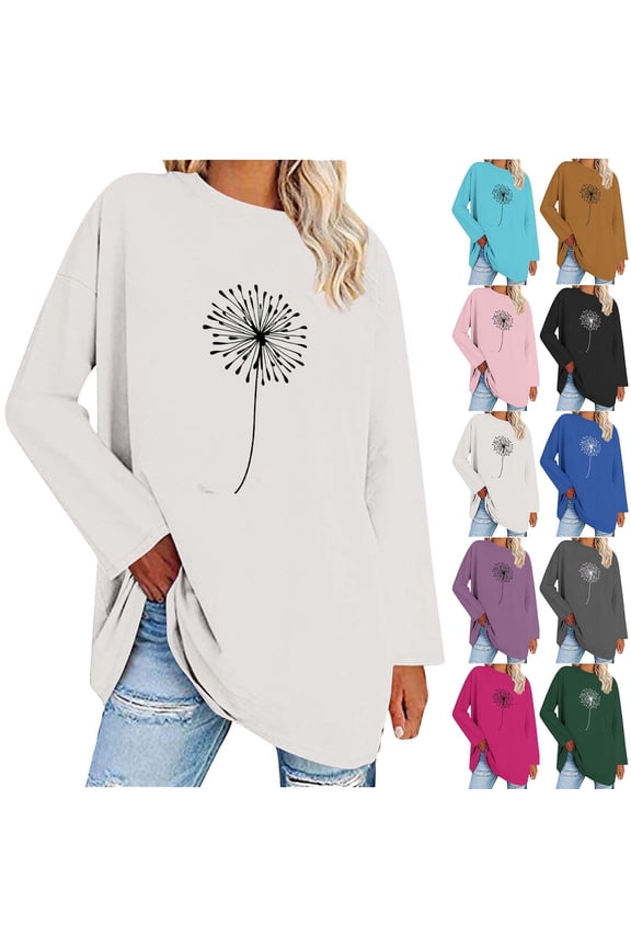 Dandelion Graphic Sweatshirt for Women Casual Loose Long Sleeve Pullover Tops Oversized Comfy Crew Neck Tees Pink M