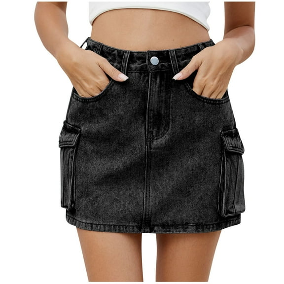 Jinhomg Denim Skirts for Women 2025 Low Waist Y2K Mini Skirt Cute Denim Cargo Skirt with Pockets Fashion Summer Street Wear Black XXL