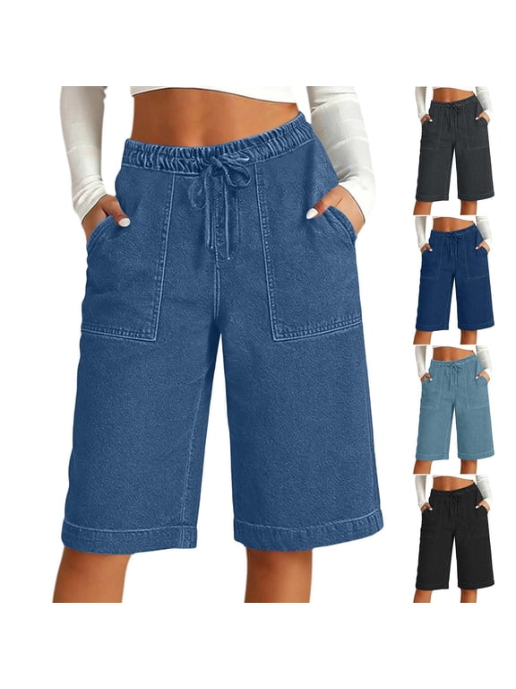 Drawstring Jean Shorts Womens Stretchy High Waisted Bermuda Jean Shorts with Pockets Wide Leg Denim Short Baggy Jorts Black XL