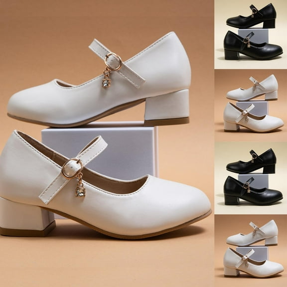 Jinhomg Dress Shoes for Girls Low Heel Princess Flats Toddler Kids Mary Janes Wedding Party Shoes Cute Flower Girl Pumps Beige 13 Years