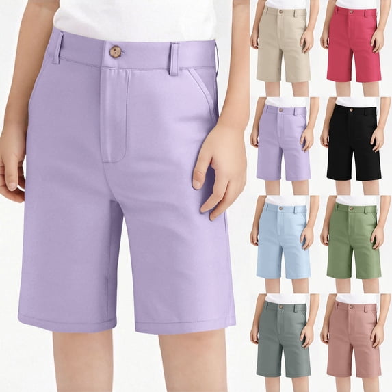 Jinhomg Dress Shorts for Kids Trendy High Waisted Casual Chino Shorts Plain Solid Straight Leg Bermuda Shorts Dressy Uniform Short Pants with Pockets Hot Pink 5-6 Years