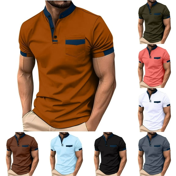 Jinhomg Dress T Shirts for Men Casual Color Block Henley Shirt Big and Tall Comfort Short Sleeve Button Up Tees Business Work Tops with Pocket Fall Saving Gray L