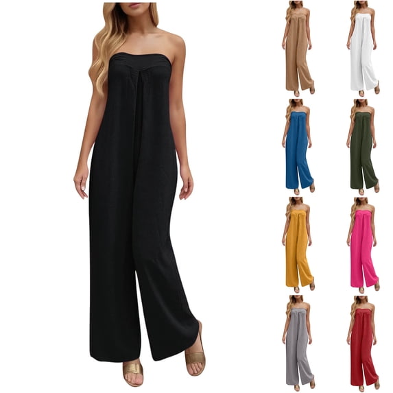 Jinhomg Dressy Strapless Jumpsuits for Women Summer Elegant Pleated Front Wide Leg One Piece Palazzo Pants Rompers Gray S