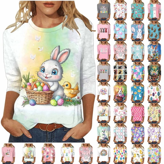 Jinhomg Easter Blouses for Women 2026 Cute Rabbit Graphic 3/4 Sleeve T-Shirts Plus Size Spring Casual Pullover Holiday Tops Multicolor XXL