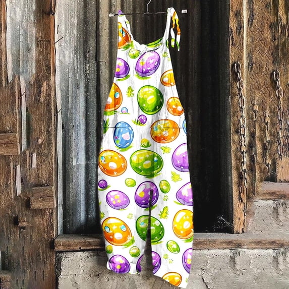Jinhomg Easter Linen Overalls,Christmas Costumes for Women Santa Claus Snow Print Romper Party Jumpsuits Loose Fit Overall Multicolor XL