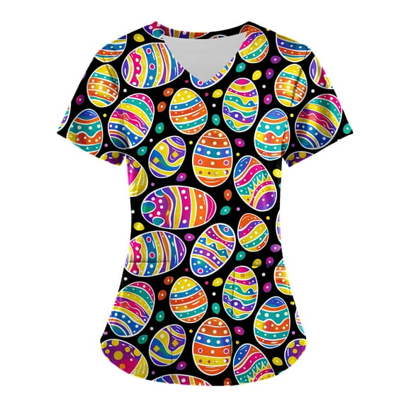 Jinhomg Easter Scrub Tops Women Funny Colored Eggs Graphic Scrubs Lightweight Comfy Short Sleeve V-Neck Nurse Workwear 2025 Holiday Gifts Fall Saving Multicolor M