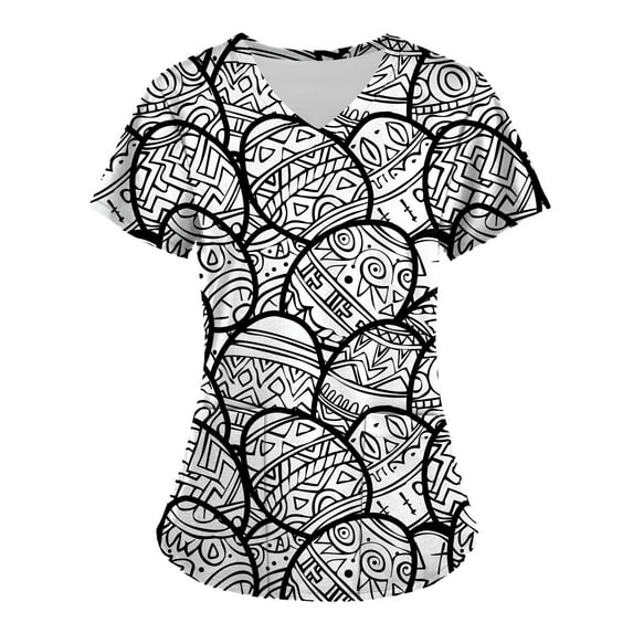 Jinhomg Easter Scrub Tops Women Funny Colored Eggs Graphic Scrubs Lightweight Comfy Short Sleeve V-Neck Nurse Workwear 2025 Holiday Gifts Holiday Clearance Sale Multicolor L
