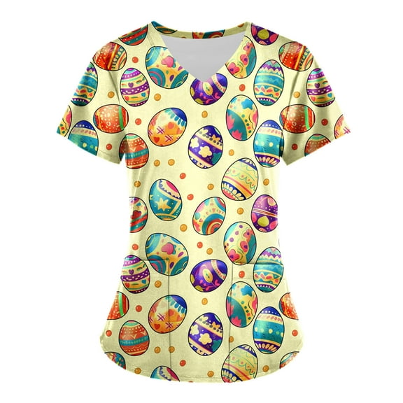 Jinhomg Easter Scrub Tops Women Funny Colored Eggs Graphic Scrubs Lightweight Comfy Short Sleeve V-Neck Nurse Workwear 2025 Holiday Gifts Multicolor L