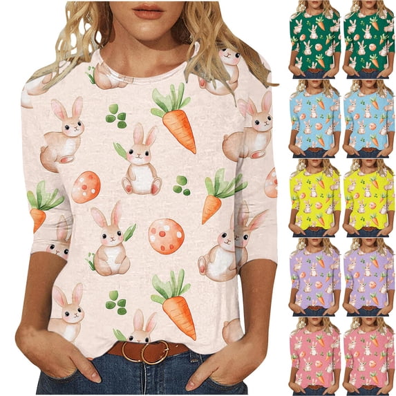Jinhomg Easter Shirts for Women Funny Bunny Egg Graphic Tees 3/4 Length Sleeve Cute Tops Casual Comfy Crew Neck Tunic Blouse 2025 Holiday Gifts Beige L