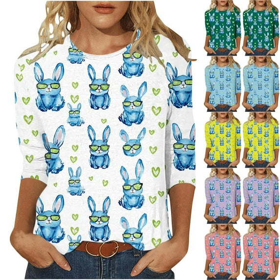 Jinhomg Easter Shirts for Women Funny Bunny Egg Graphic Tees 3/4 Length Sleeve Cute Tops Casual Comfy Crew Neck Tunic Blouse 2025 Holiday Gifts Green XXXXL
