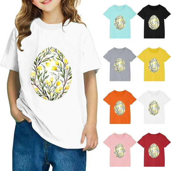 Jinhomg Easter T Shirts for Kids Cute Colored Eggs Floral Print Spring Tops Casual Comfy Short Sleeve Crew Neck Cotton Tees Boys Girls Holiday Gifts Holiday Saving Red 7 Years