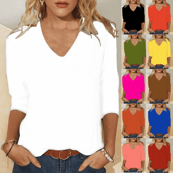 Jinhomg Elbow Length Crewneck Shirts for Women 3/4 Sleeve Casual Loose T-Shirts Summer Solid Loose Fit Tunic Tops Tees Black,XL