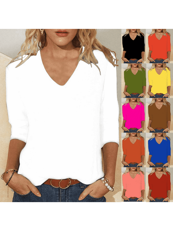 Elbow Length Crewneck Shirts for Women 3/4 Sleeve Casual Loose T-Shirts Summer Solid Loose Fit Tunic Tops Tees Orange,S