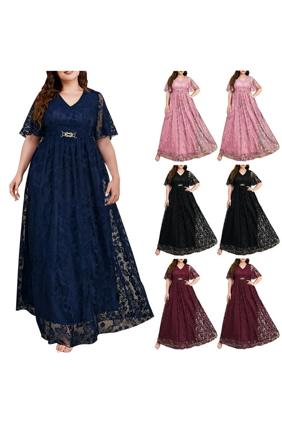 Elegant Dresses for Women Flowy Lace Patchwork Chiffon Maxi Dress Plus Size Short Sleeve V-Neck Mother of The Bride Dresses Wedding Guest formal Dress Black XXXXL