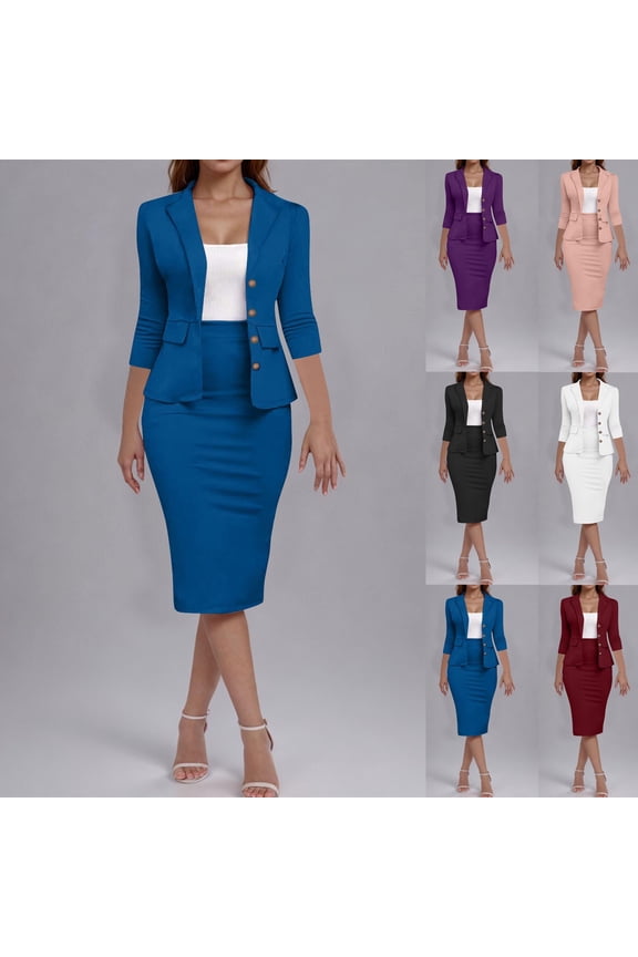 Elegant Suits for Women 3/4 Length Sleeve Single Breasted Blazers with Bodycon Pencil Skirt 2 Piece Professional Business Sets Black M