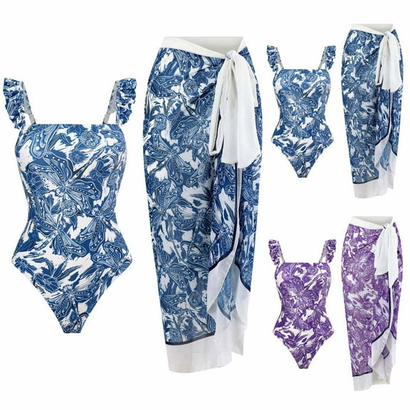 Jinhomg Elegant Swim Suits for Women 2 Piece Boho Floral Print Bathing Suit Tummy Control One-Pieces Swimwear with Sarong Cover Up Blue M