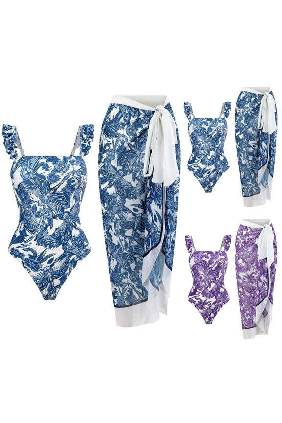 Elegant Swim Suits for Women 2 Piece Boho Floral Print Bathing Suit Tummy Control One-Pieces Swimwear with Sarong Cover Up Blue S