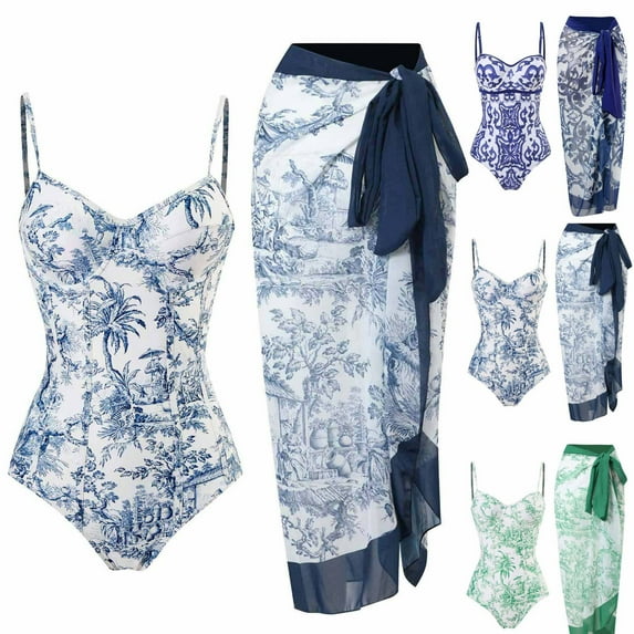 Jinhomg Elegant Swim Suits for Women 2 Piece Boho Floral Print Bathing Suit Tummy Control One-Pieces Swimwear with Sarong Cover Up Green S