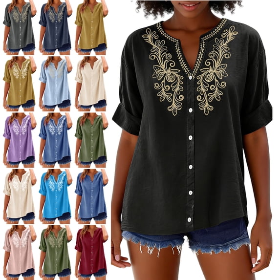 Jinhomg Embroidered tops for women Linen Button Down Shirts V-Neck Short Sleeve Rolled Cuff Relaxed Blouses Army Green XL