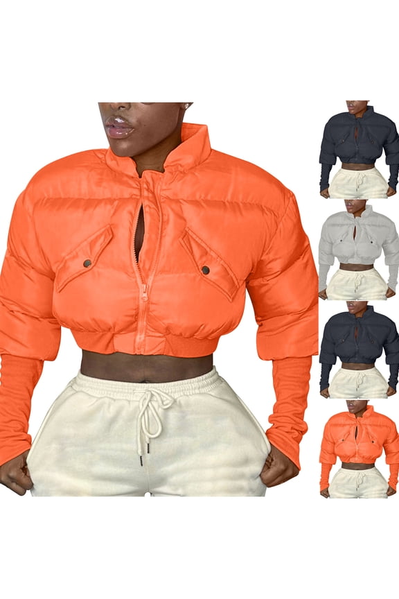 Fall Crop Coat for Women Casual Comfy Long Sleeve Full-Zip Puffer Jacket Slim Fit Thermal Outerwear with Pockets Orange M