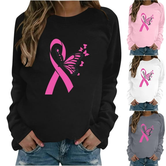 Jinhomg Fall Drop Shoulder Sweatshirt Casual Long Sleeve Breast Cancer Tops Cute Ribbon Print Crew Neck Pullovers Women Black L