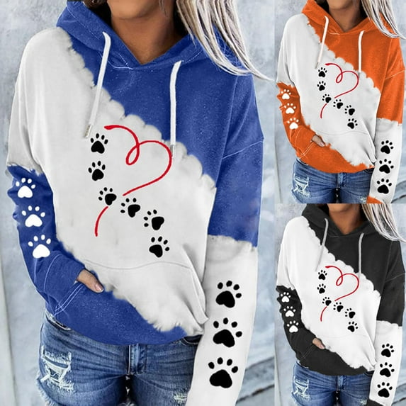 Jinhomg Fall Lightweight Comfy Sweatshirts for Women Cute Dog Paw Print Drawstring Hoodies Casual Comfy Long Sleeve Pullover Tops with Pocket Black M