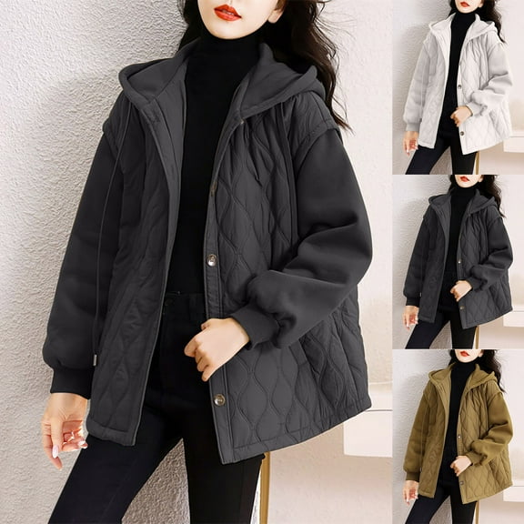 Jinhomg Fall Quilted Coat for Women Lightweight Comfy Button Down Hooded Puffer Jacket Plus Size Casual Solid Long Sleeve Outerwear with Pockets 2025 Saving Black XXL