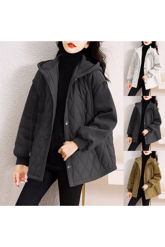 Fall Quilted Coat for Women Lightweight Comfy Button Down Hooded Puffer Jacket Plus Size Casual Solid Long Sleeve Outerwear with Pockets 2025 Saving Black XXL