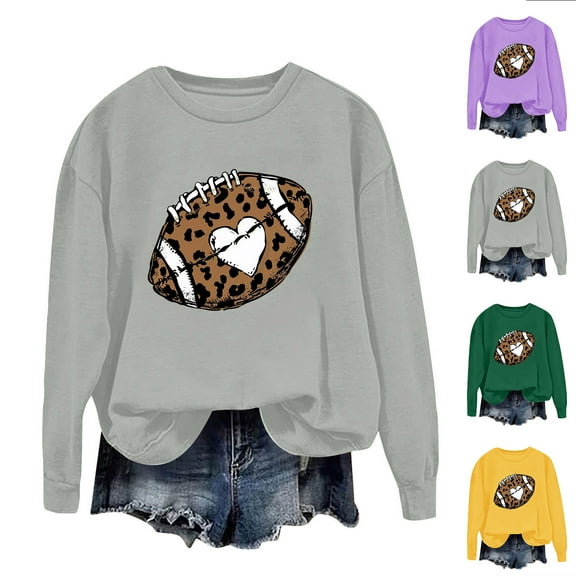 Jinhomg Fall Sweatshirt for Women Plus Size Cute Football Graphic Pullover Tops Casual Comfy Long Sleeve Crewneck Holiday Sweatshirts Winter Saving Gray XL