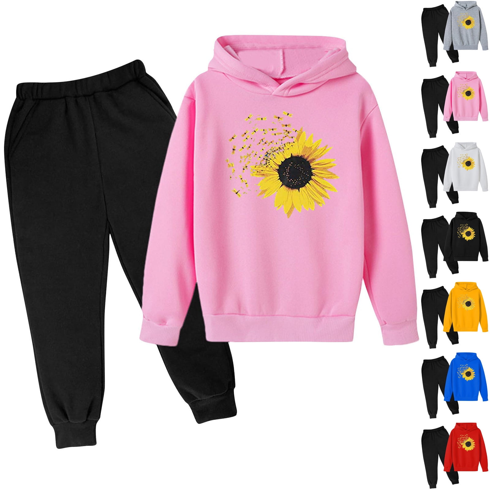 Jinhomg Fall Sweatsuits for Kids Cute Sunflower Print Hooded Sweatshirts and Elastic Waist Solid Sweatpants Set 2 Piece Boys Girls Comfy Clothing Suit Limited Time Prime Day Summer Black 13 Years