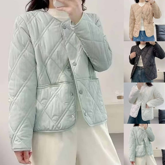 Jinhomg Fall Thin Coat for Women Lightweight Comfy Button Down Puffer Jacket Plus Size Casual Solid Long Sleeve Outerwear with Pockets Fall Saving Khaki XL