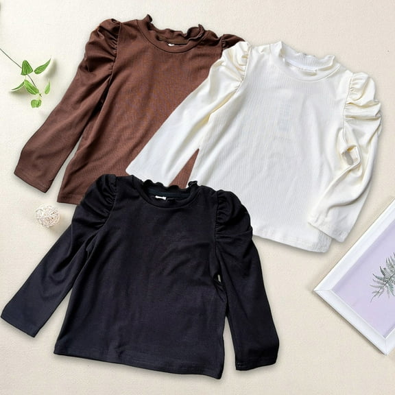 Jinhomg Fall Tops for Toddler Kids Girls Ruffle Sleeve Crewneck Pullovers Lightweight Comfy Cotton T Shirts Cyber and Monday Deal Brown 110