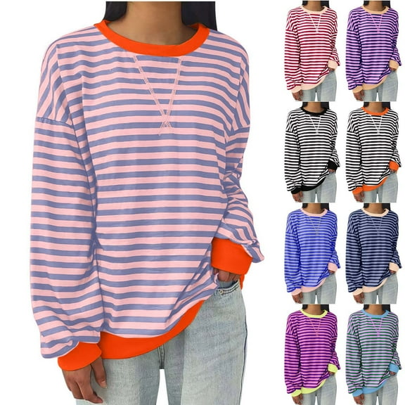 Jinhomg Fall Tops for Women Long Sleeve Striped Crewneck Sweatshirts Casual Loose Pullover Top T Shirts Blouse Light Blue,L