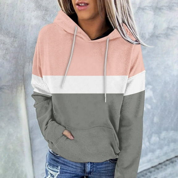 Jinhomg Fall Winter Casual Sweatshirts for Women 2026 Fashion Color Block Hoodies Casual Cozy Long Sleeve Kangaroo Pocket Sweatshirt with Drawstring Pink L
