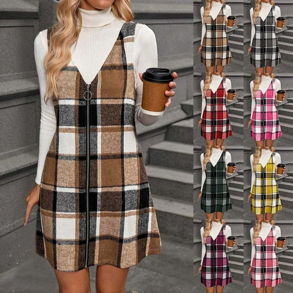 Jinhomg Fall Winter Dresses for Women V Neck Plaid Sleeveless Wide Straps Casual Mini Overall Dress Hot Pink S