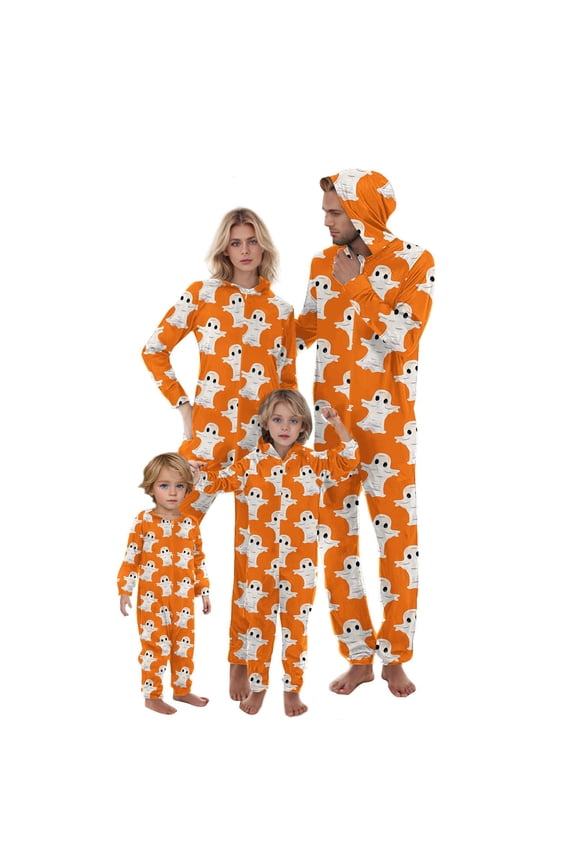 Family Cute Halloween Pajamas Matching Sets One Piece Ghost Print Long Sleeve Hooded Pjs Comfy Holiday Sleepwear for The Whole Today Yellow XXL