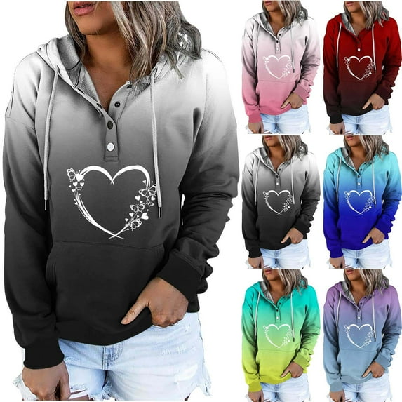 Jinhomg Fashion Heart Print Sweatshirt for Women Loose Comfy Long Sleeve Drawstring Hoodie Lightweight Casual Button Up Holiday Pullover with Pocket Daily Deals Clearance Green M