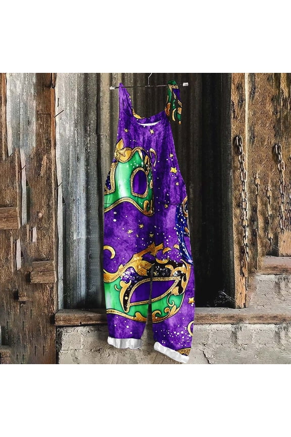 Fashion Holiday Jumpsuits for Women 2025 Novelty Funny Mardi Gras Sequin Print Overalls Casual Comfy Sleeveless Wide Leg Rompers Clearance Items for Women Multicolor XL