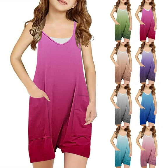 Jinhomg Fashion Jumpsuits for Girls 2025 Fancy Gradient Color Bib Overalls Lightweight Comfy Spaghetti Straps V-Neck Casual Summer Romper with Pockets 2025 Saving Purple 7 Years