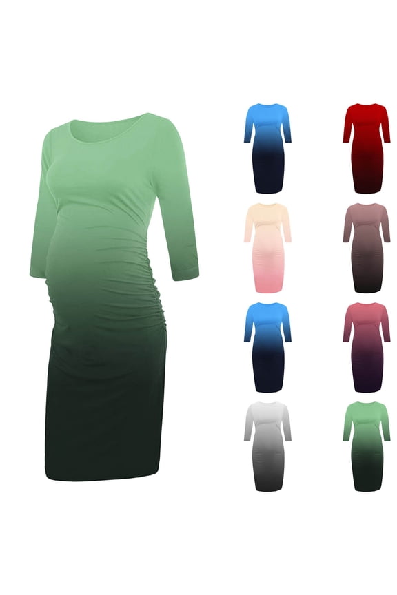 Fashion Pregnancy Dress for Women 3/4 Sleeve Gradient Color Bodycon Dress Slim Fit Comfy Crew Neck Midi Maternity Dresses Green XL