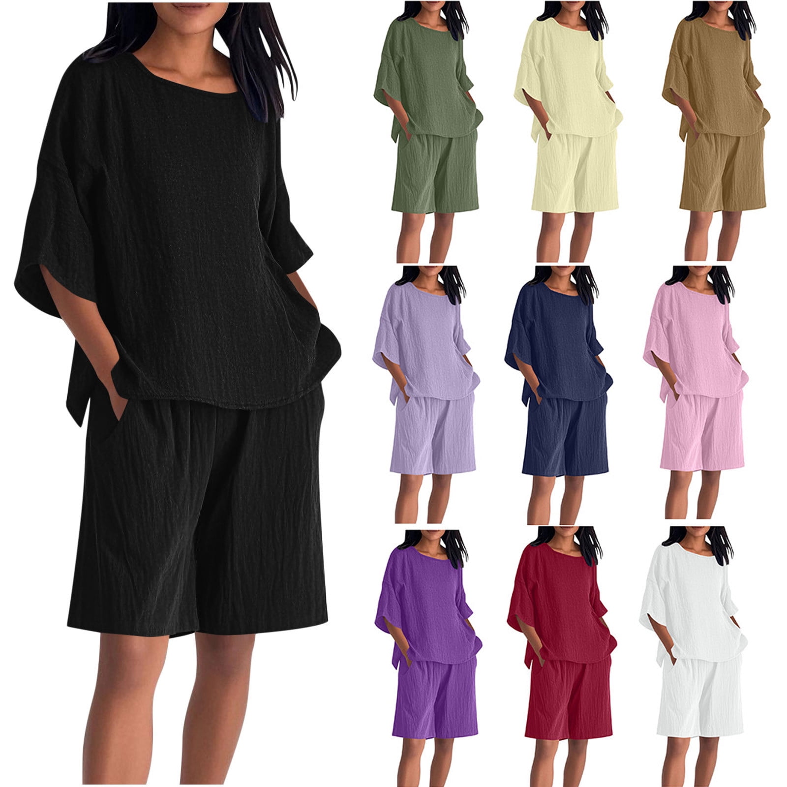 Jinhomg Fashion Two Piece Outfits for Women Short Sleeve Shirts & Wide ...