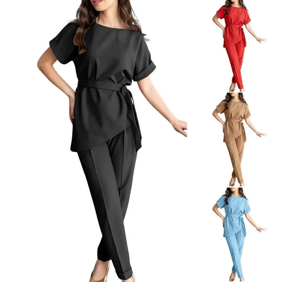 Jinhomg Fashion Work Outfits for Women Dressy Casual Roll Sleeve Crew Neck Shirts and Dress Pants 2 Piece Elegant Summer Business Office Suits with Belt Black M