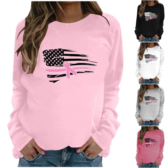Jinhomg Fight Breast Cancer Top for Women Holiday Dressy Casual Long Sleeve Crewneck Pullovers Cute Pink Ribbon Graphic Tees 90 off Clearance Sale Black M