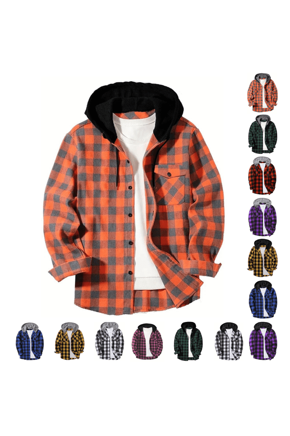 Flannel Shirt for Men Plaid Button Down Hoodie Casual Long Sleeve Shirts Lightweight Hooded Shirt Jacket with Pockets Gray,S