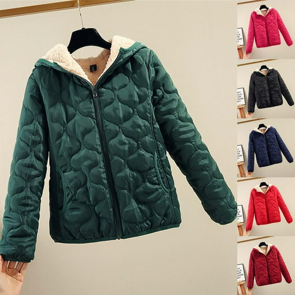 Jinhomg Fleece Lined Coat for Women Fall Winter Thermal Long Sleeve Full-Zip Puffer Jacket Plus Size Casual Solid Color Outerwear with Pockets Spring Saving Today Clearance Black L
