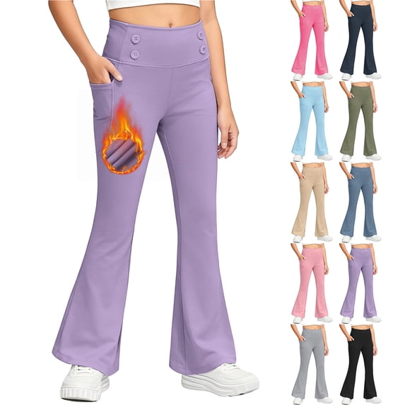 Jinhomg Fleece Lined Leggings for Girls High Waist Thermal Flare Yoga Pants with Pockets Teen Girls Solid Athletic Pants Casual Warm Bell Bottom Pant Khaki,7 Years