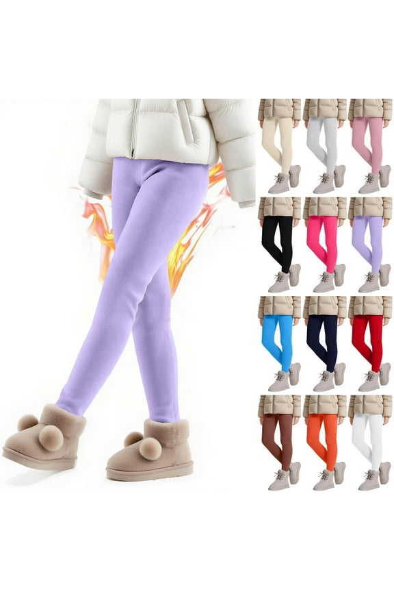 Fleece Lined Leggings Kids Winter Thick Thermal Tights for Girls Elastic Wasit Full Length Pants Purple (3-12 Years)
