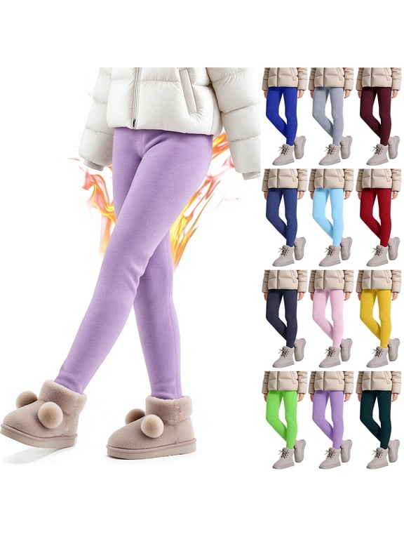 Fleece Lined Leggings Kids Winter Thick Thermal Tights for Girls Elastic Wasit Full Length Pants Purple (3-12 Years)