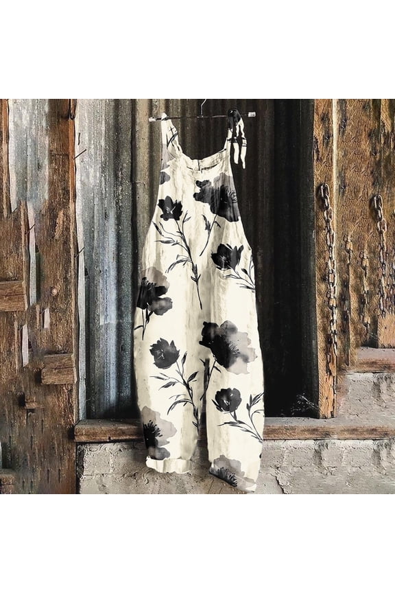 Floral Printed Bohemian Jumpsuits for Women Sleeveless Spaghetti Strap Rompers Wide Leg Loose Beach Vacation Clothes Multicolor S
